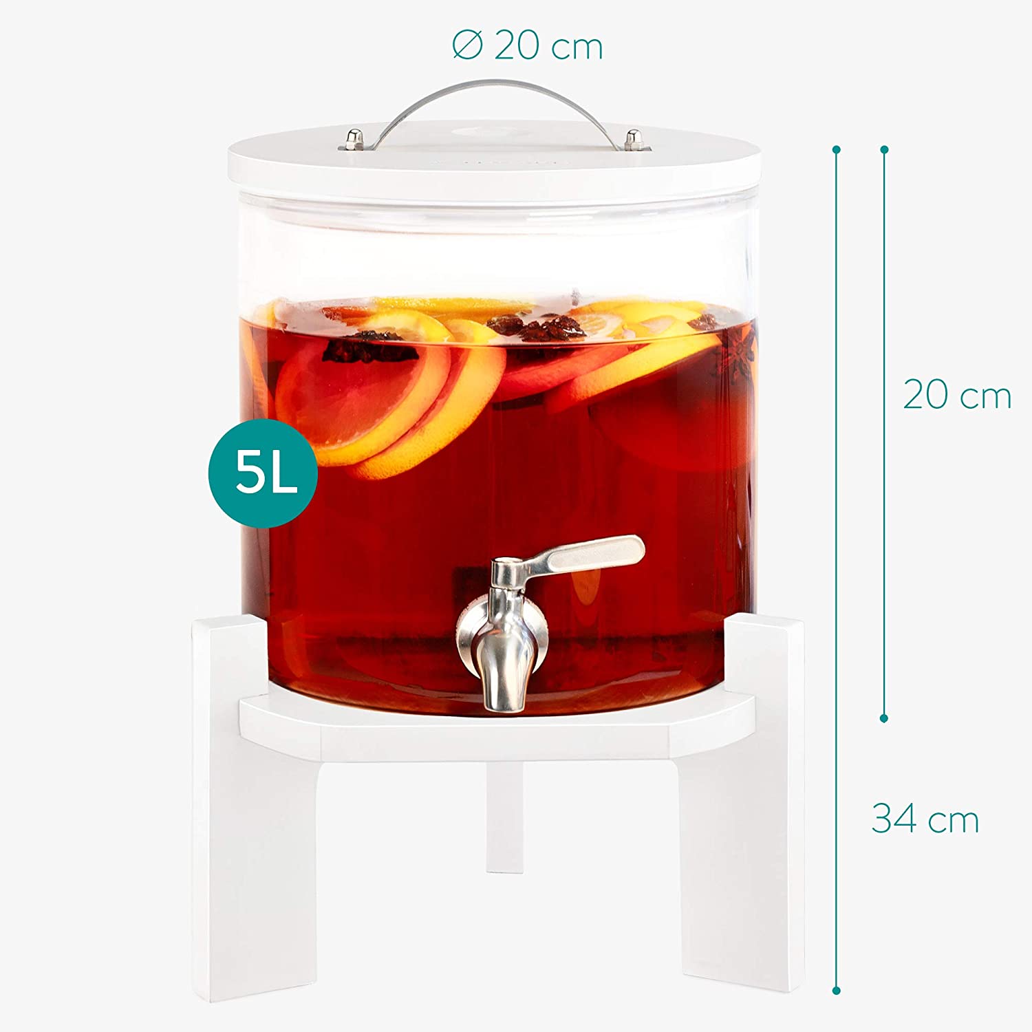 Navaris Glass Beverage Drink Dispenser Γυάλινος Διανεμητής Ποτού με Ξύλινη Βάση - 5L - White - 46785.06