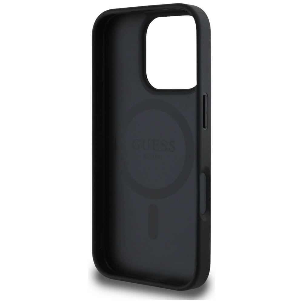 Guess iPhone 16 Pro Max - Grained Hot Stamp Peony Triangle Logo - MagSafe Σκληρή Θήκη με Επένδυση Συνθετικού Δέρματος - Black - GUHMP16XPGBTMK