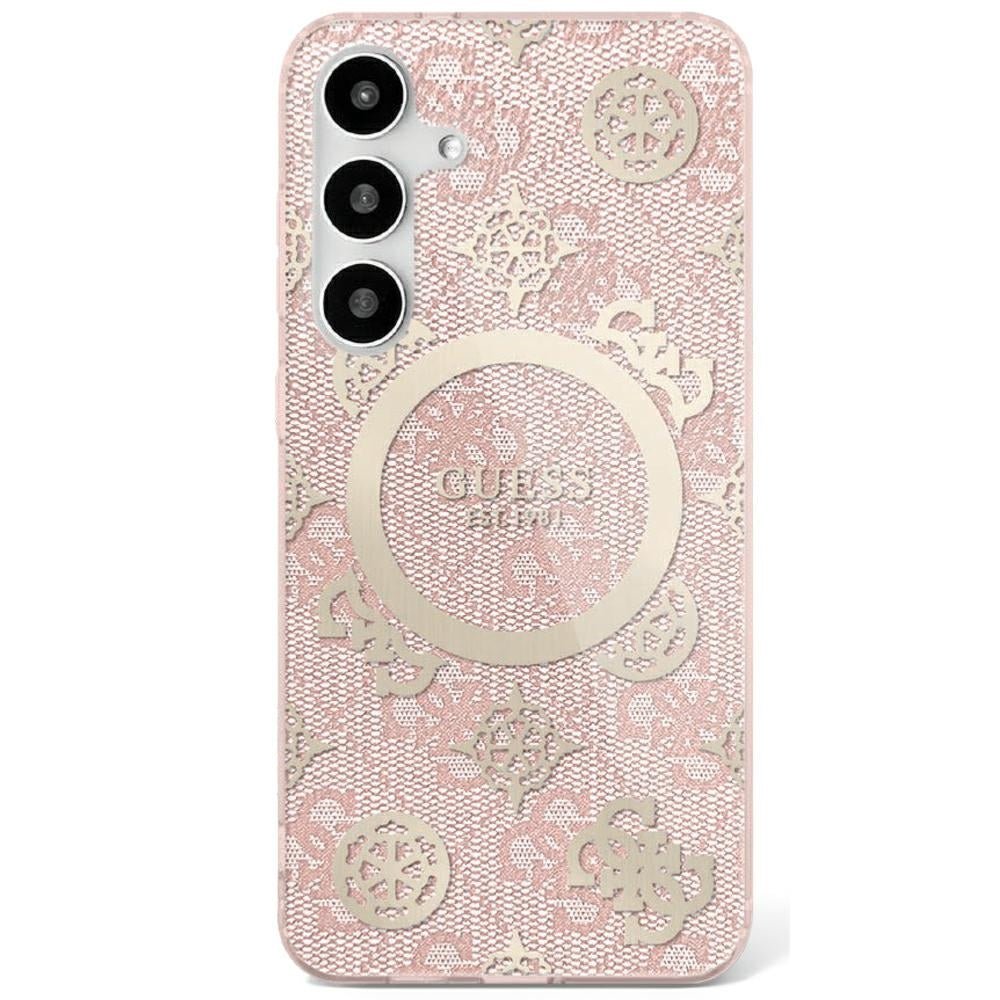 Guess Samsung Galaxy S25 - 4G Background Gold Electroplated Peony Pattern MagSafe - Σκληρή Θήκη με Πλαίσιο Σιλικόνης - Pink - GUHMS25SH4PYEEP