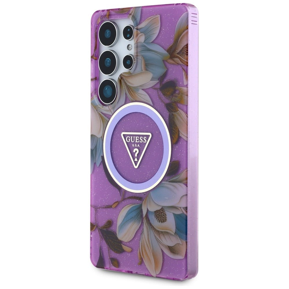 Guess Samsung Galaxy S25 Ultra - Glitter Flowers Triangle Buttons MagSafe - Σκληρή Θήκη με Πλαίσιο Σιλικόνης - Purple - GUHMS25LHFLPEDU