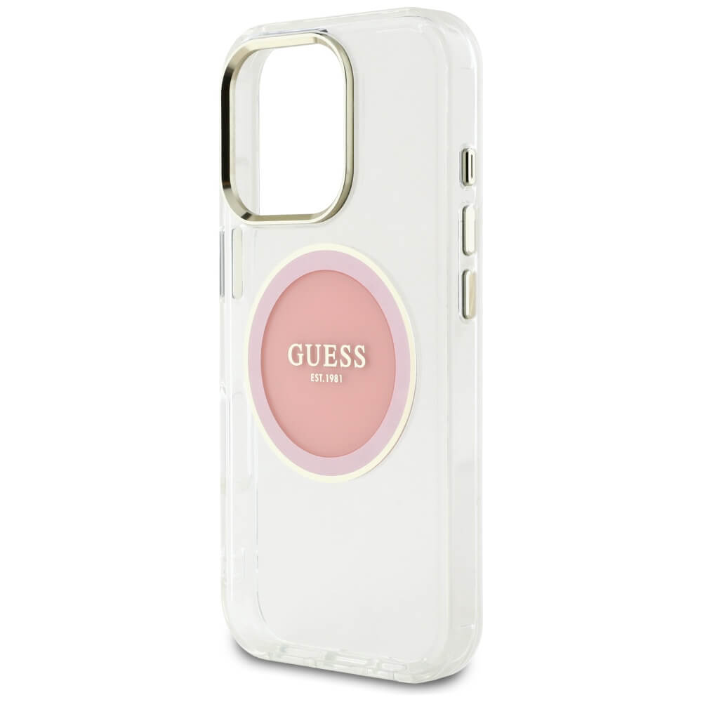 Guess iPhone 16 Pro Max IML Metal Colored Circle Classic Logo MagSafe Σκληρή Θήκη με Πλαίσιο Σιλικόνης και MagSafe - Pink - GUHMP16XHTDRCEDP