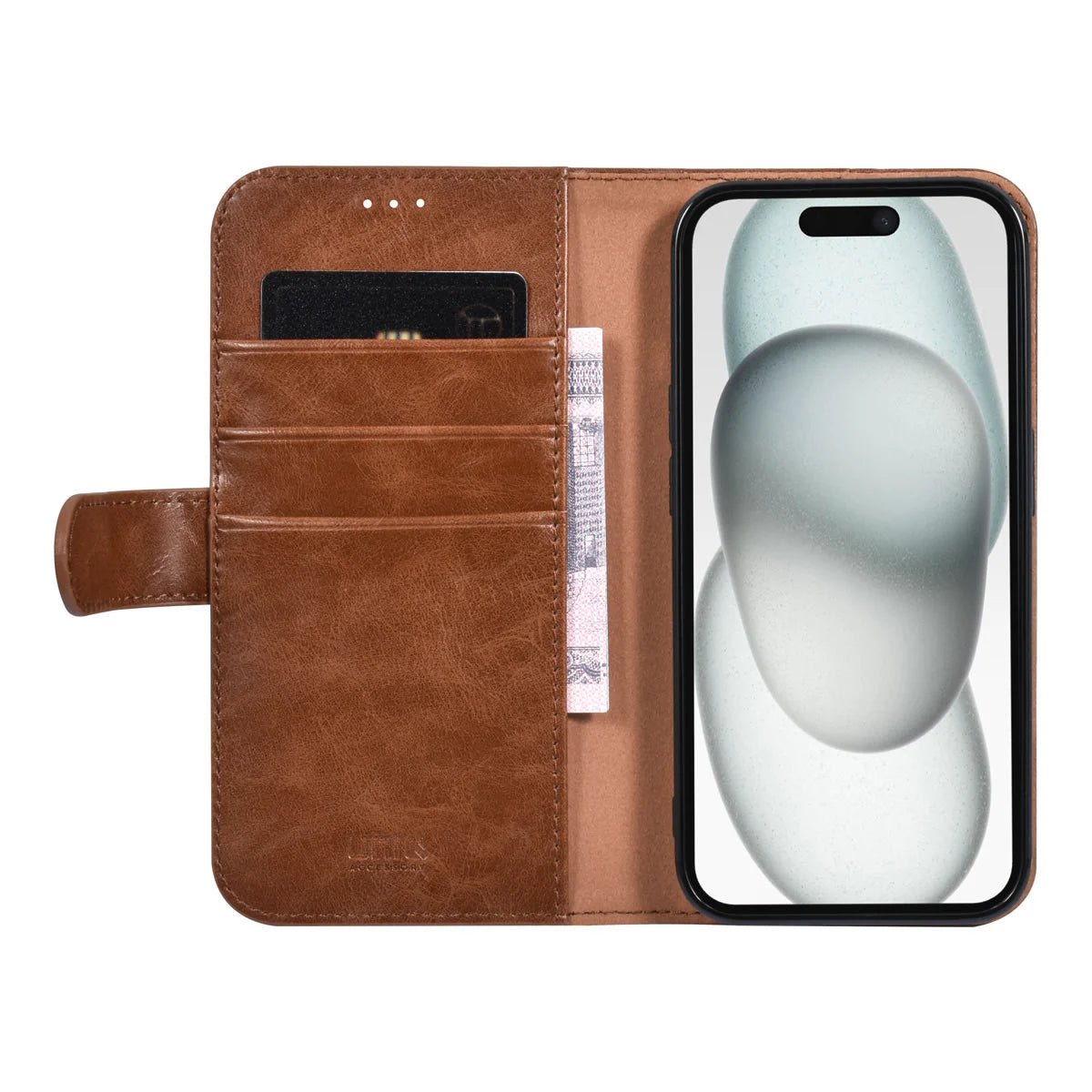 Tuniq iPhone 15 - Θήκη Πορτοφόλι από Δερματίνη με Stand - Καφέ