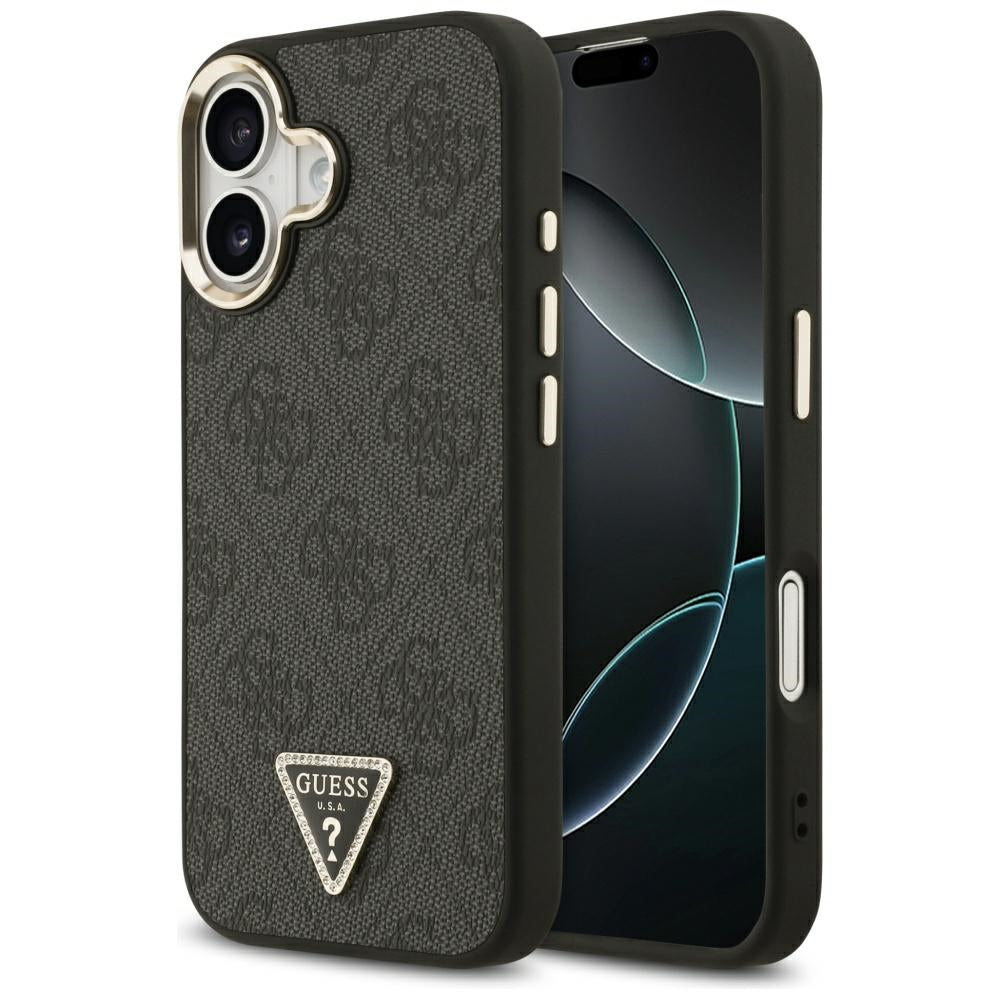 Guess iPhone 17 - 4G Triangle Strass Logo MagSafe - Σκληρή Θήκη με Επένδυση Συνθετικού Δέρματος - Black / Gold - GUHMP17SP4GTDGMK