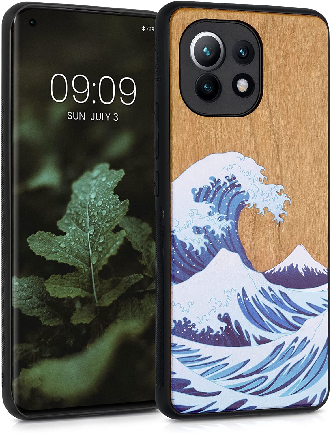 KW Xiaomi Mi 11 Θήκη από Φυσικό Ξύλο - Design Wood Japanese Wave - Blue / White / Brown - 54662.06