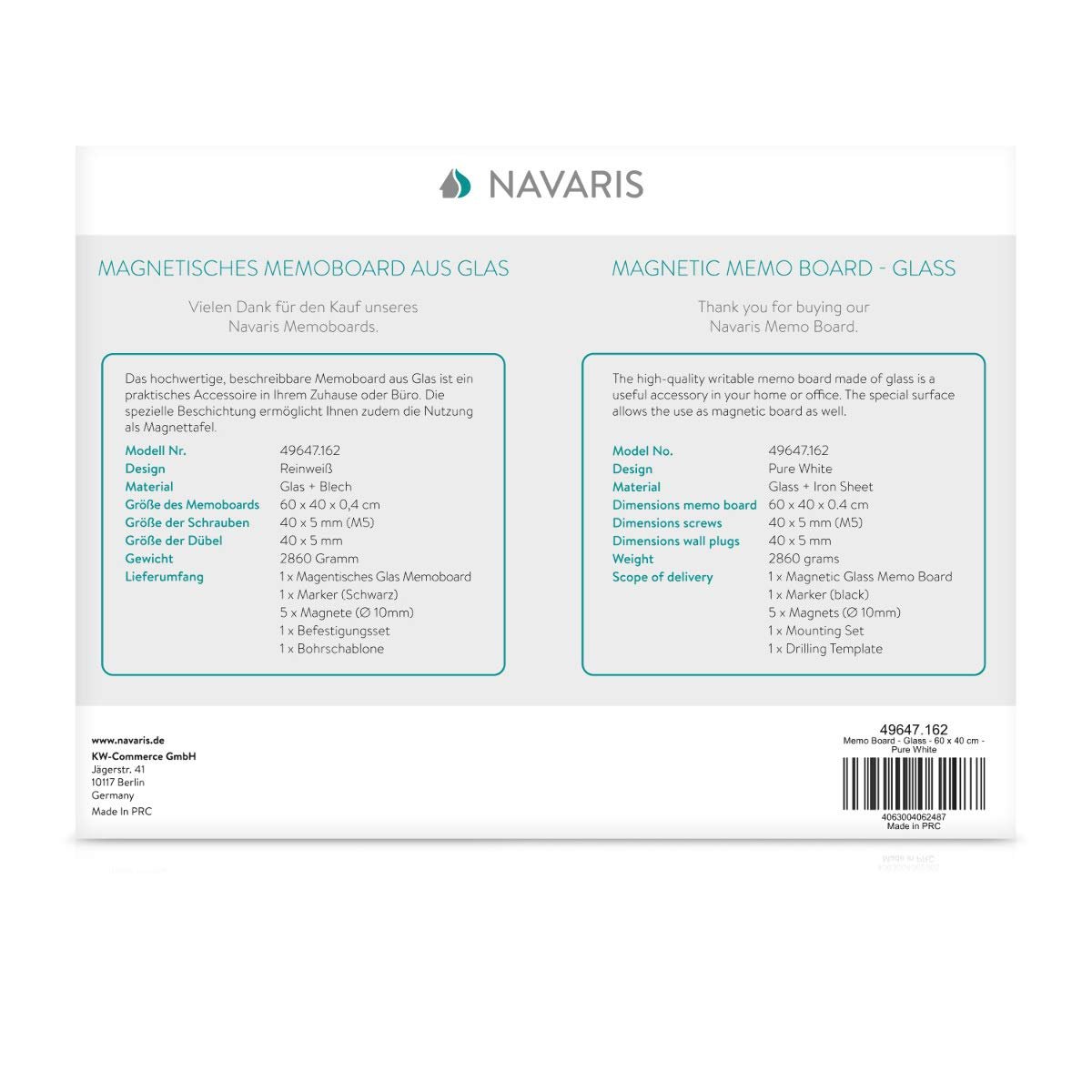 Navaris Μαγνητικός Γυάλινος Πίνακας - 60 x 40cm - White - 49647.162