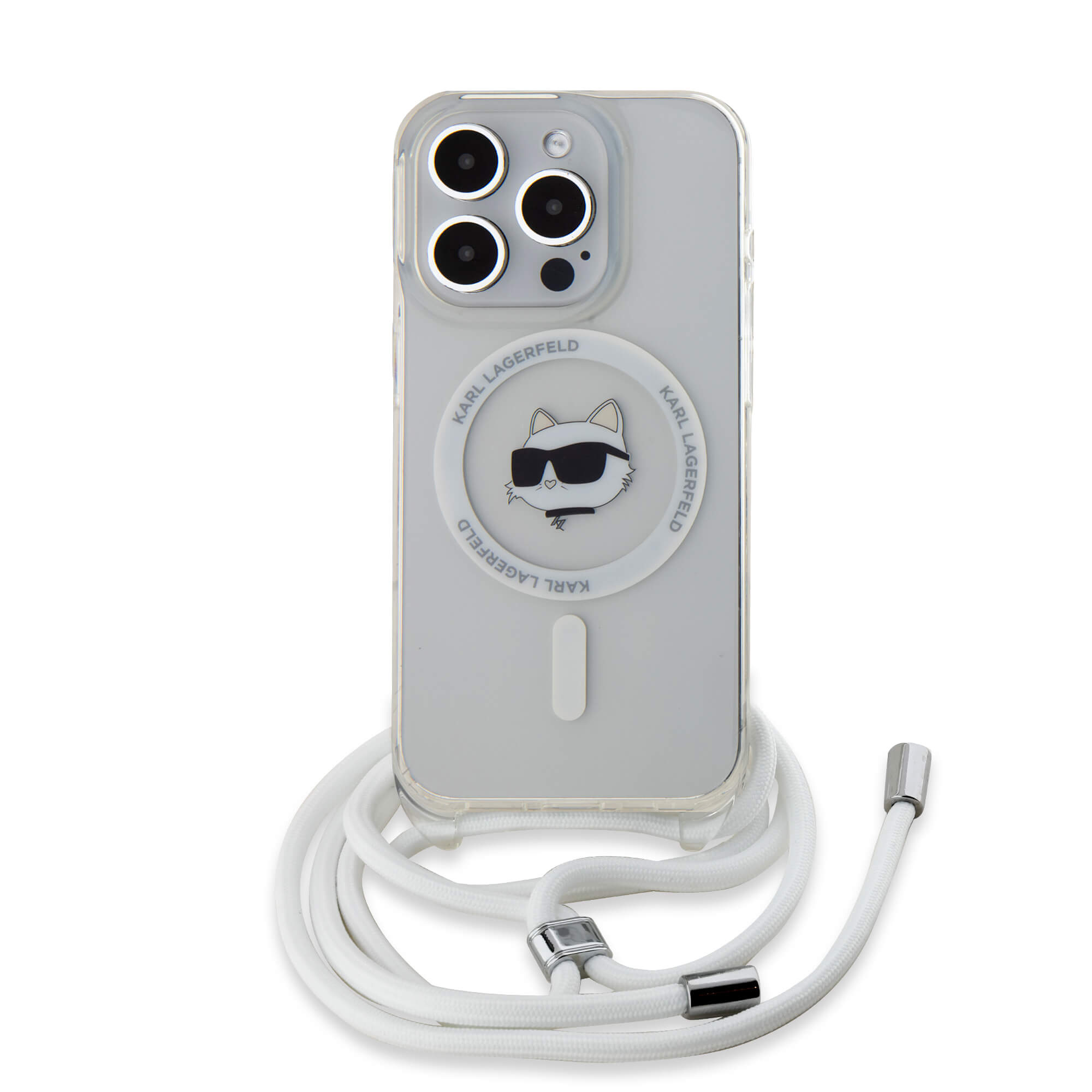 Karl Lagerfeld iPhone 15 Pro - IML Choupette Head and Cord - MagSafe Σκληρή Θήκη με Πλαίσιο Σιλικόνης και Λουράκι - Διάφανη - KLHMP15LHCCHNT