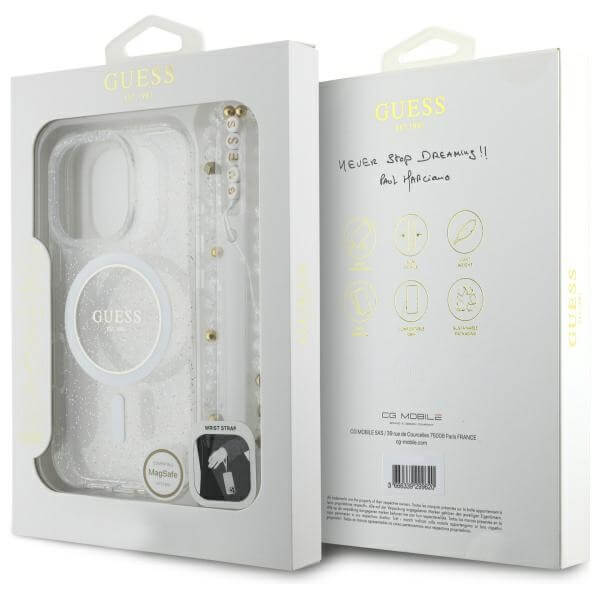 Guess iPhone 16 Pro Max - IML Glitter With Pearl Strap - MagSafe Σκληρή Θήκη με Πλαίσιο Σιλικόνης και Λουράκι - Διάφανη - GUHMP16XHGCRELST