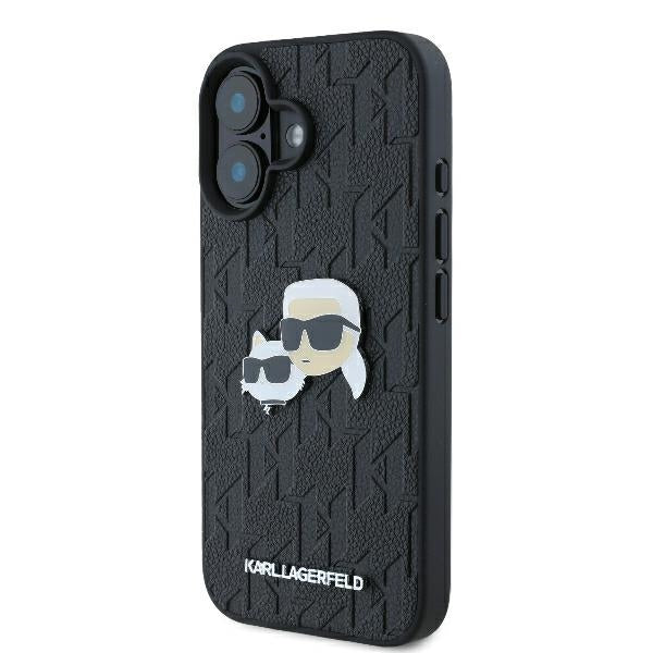 Karl Lagerfeld iPhone 16 - Monogram Karl and Choupette Head Pin Σκληρή Θήκη με Επένδυση Συνθετικού Δέρματος - Black - KLHCP16SPGKLKCPK