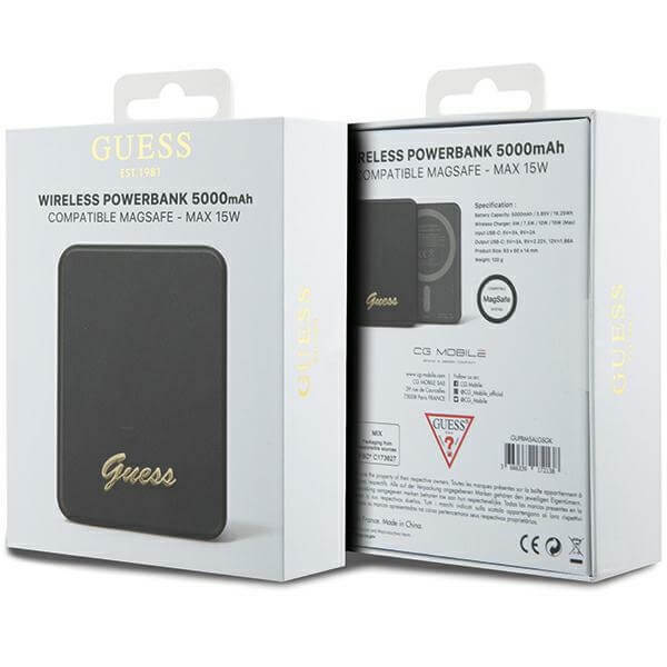 Guess PowerBank 15W - MagSafe Metal Script Logo - 5000 mAh - Black - GUPBM5ALGSGK