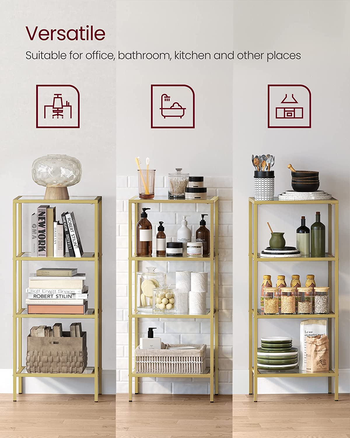 Vasagle Ραφιέρα από Γυαλί με 4 Ράφια - 40 x 30 x 95 cm - Gold - LGT28G