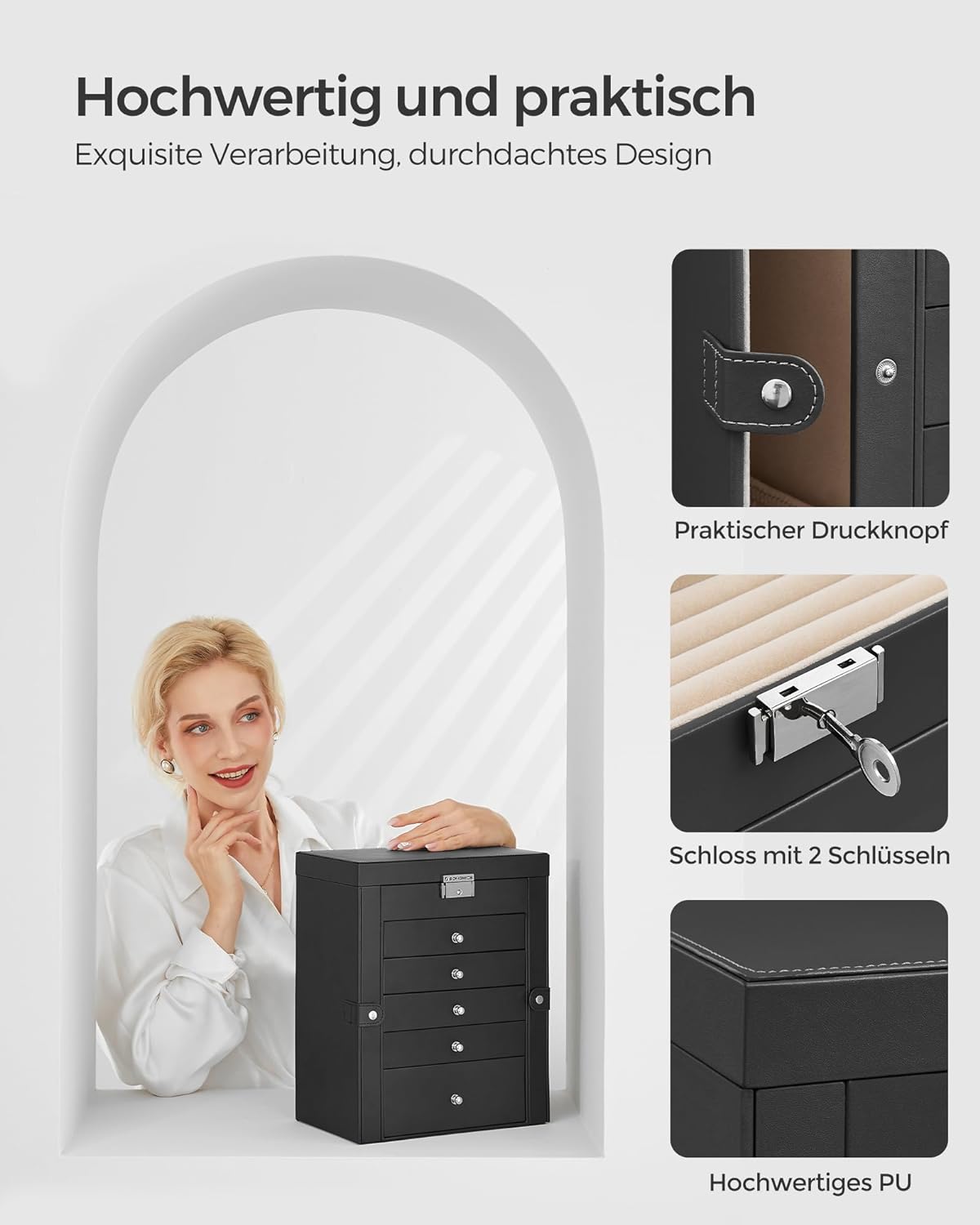 Songmics Φορητό Κουτί Αποθήκευσης Κοσμημάτων 6 Επιπέδων με Καθρέπτη - Black - JBC152B01