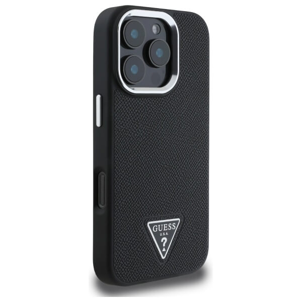 Guess iPhone 16 Pro Max - Grained Triangle MagSafe - Σκληρή Θήκη με Επένδυση Συνθετικού Δέρματος και Πλαίσιο Σιλικόνης - Black - GUHMP16XPGTSPSK