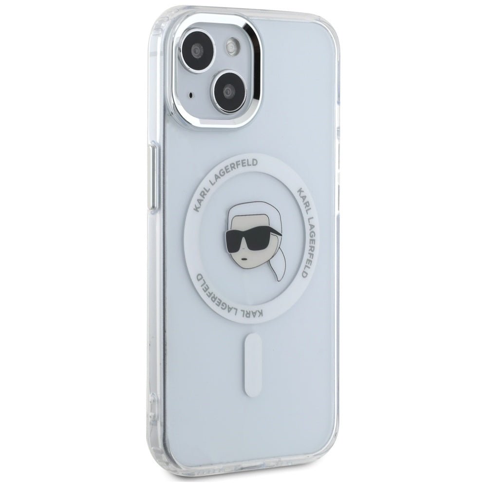 Karl Lagerfeld iPhone 15 Plus - IML Metal Karl Head - MagSafe Σκληρή Θήκη με Πλαίσιο Σιλικόνης - White - KLHMP15MHLSKIH