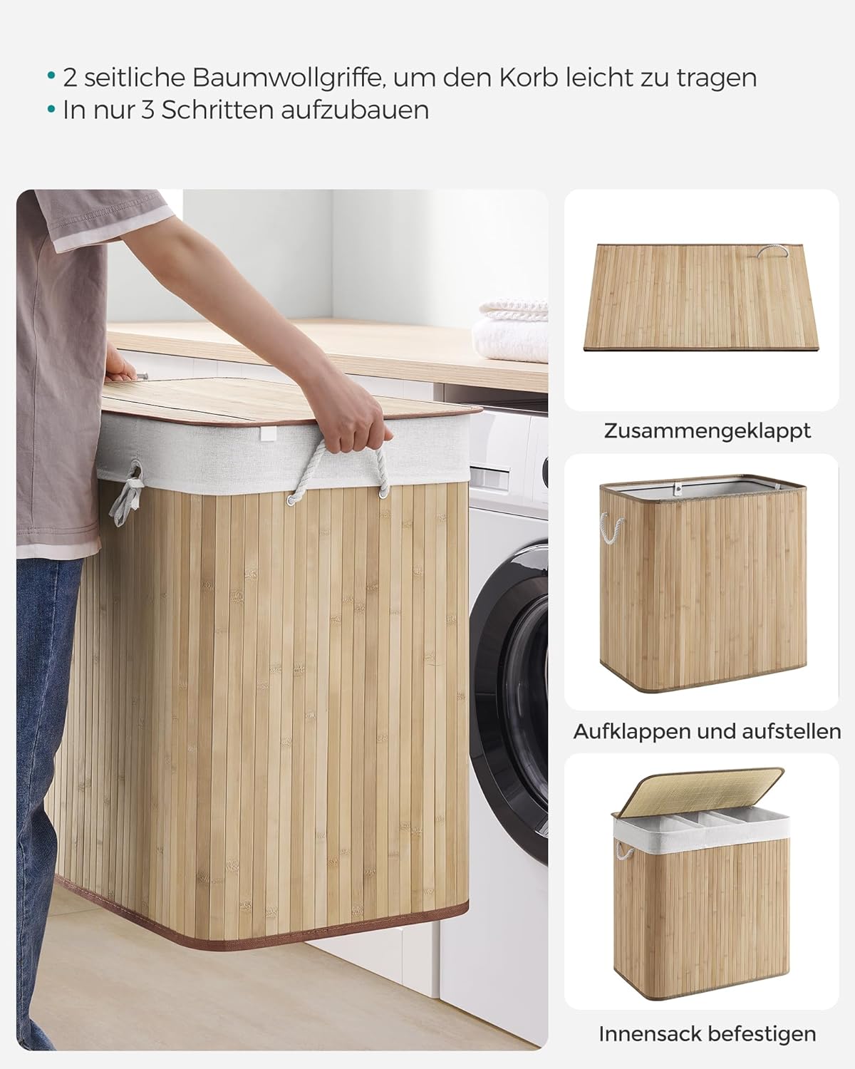 Songmics Καλάθι Απλύτων από Μπαμπού με 3 Διαμερίσματα - 150L - Natural - LCB091N01