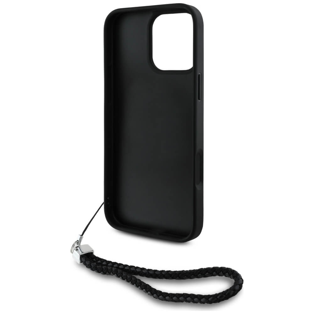 Karl Lagerfeld iPhone 16 Pro - Quilted Initial Logo and Chain Strap - Θήκη με Επένδυση Συνθετικού Δέρματος και Λουράκι - Black - KLHCP16LPSQSKLSMSK