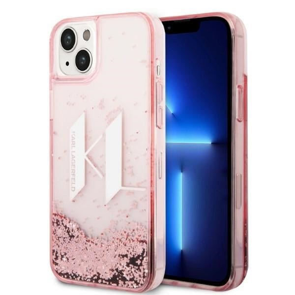 Karl Lagerfeld iPhone 14 Plus / 15 Plus - Liquid Glitter Big KL Σκληρή Θήκη με Πλαίσιο Σιλικόνης - Διάφανη / Pink - KLHCP14MLBKLCP