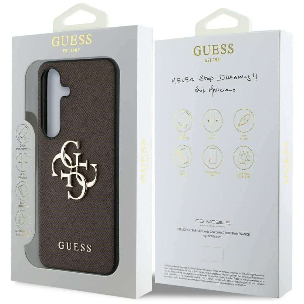 Guess Samsung Galaxy S25 - Grained Big 4G Logo Small Classic Logo - Σκληρή Θήκη με Επένδυση από Οικολογικό Δέρμα - Brown - GUHCS25SPGT4MBW
