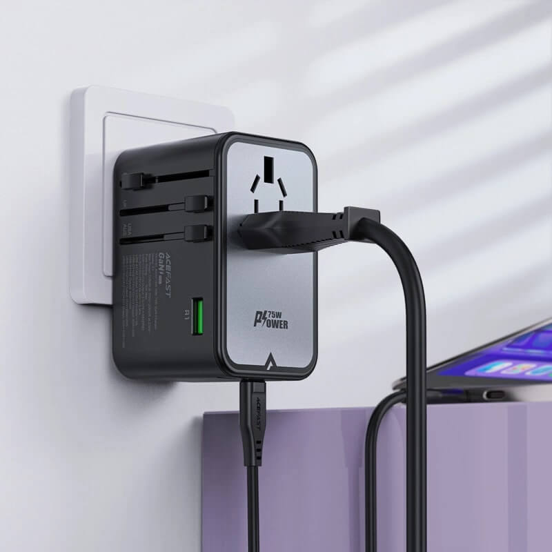 Acefast Z1 GaN 75W PD Φορτιστής Ταξιδίου με Ενσωματωμένα Βύσματα EU / UK / US / AUS με 3 Θύρες Type - C και 2 Θύρες USB - Black