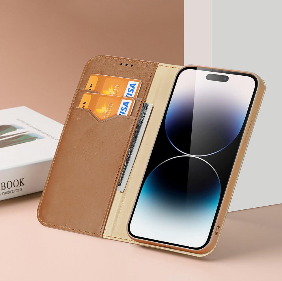 Dux Ducis iPhone 15 Pro Max Hivo Θήκη Πορτοφόλι Stand από Γνήσιο Δέρμα - Brown