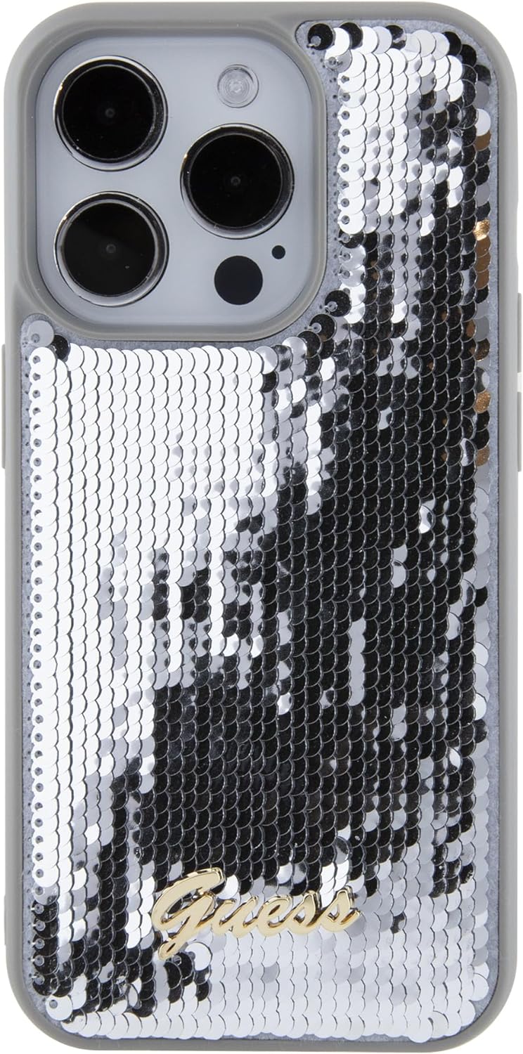 Guess iPhone 15 Pro Max - Sequin Script Metal Σκληρή Θήκη με Επένδυση από Παγέτες - Silver - GUHCP15XPSFDGSS