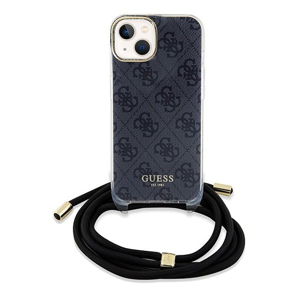Guess iPhone 15 Crossbody Cord 4G Print Σκληρή Θήκη με Πλαίσιο Σιλικόνης και Λουράκι - Black - GUHCP15SHC4SEK