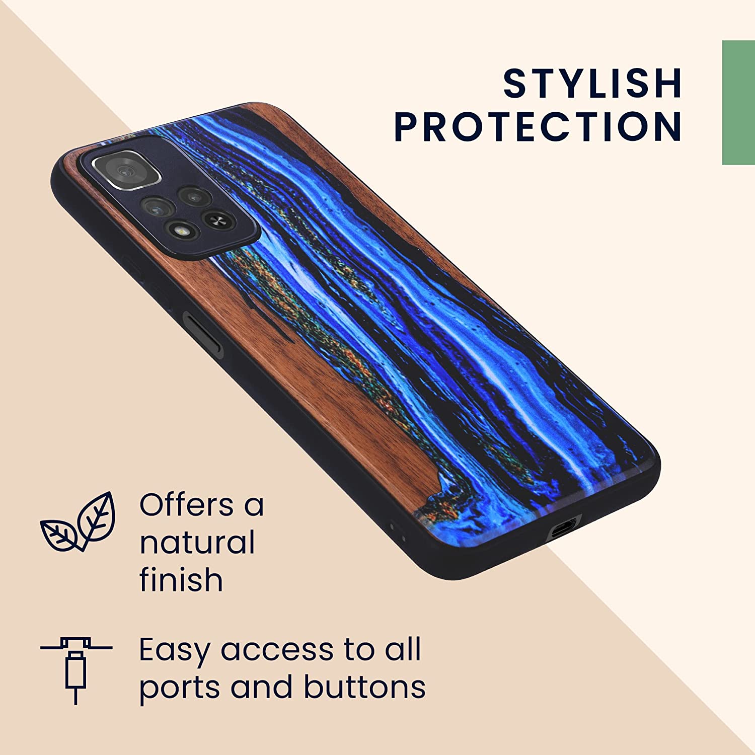 KW Xiaomi Redmi Note 11 Pro+ 5G Θήκη από Φυσικό Ξύλο - Design Watercolor Waves - Blue / Brown - 58100.09