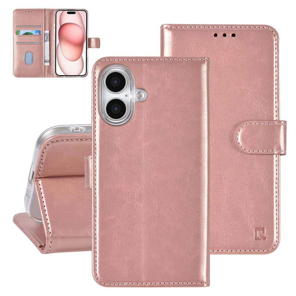 Tuniq iPhone 16 - Θήκη Πορτοφόλι Stand από Δερματίνη - Rose Gold