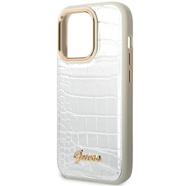 Guess iPhone 14 Pro Max Croco Collection Θήκη με Επένδυση Συνθετικού Δέρματος - Silver - GUHCP14XHGCRHS