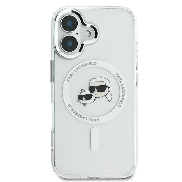 Karl Lagerfeld iPhone 16 Plus - IML Metal Karl and Choupette Head - Σκληρή Θήκη με Πλαίσιο Σιλικόνης και MagSafe - White - KLHMP16MHLSKCH