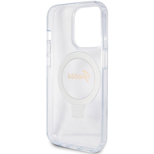 Guess iPhone 15 Pro Max Ring Stand Script Glitter Magsafe Σκληρή Θήκη με Πλαίσιο Σιλικόνης και MagSafe / Stand - Clear - GUHMP15XHRSGSD
