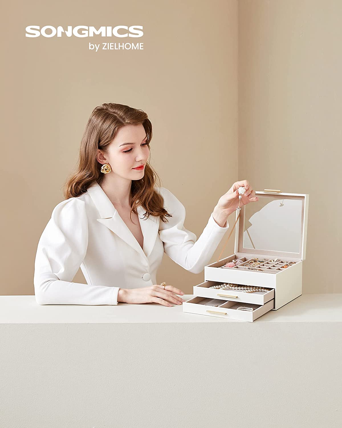 Songmics Κουτί Αποθήκευσης Κοσμημάτων με 3 Επίπεδα - White - JBC239WTV1