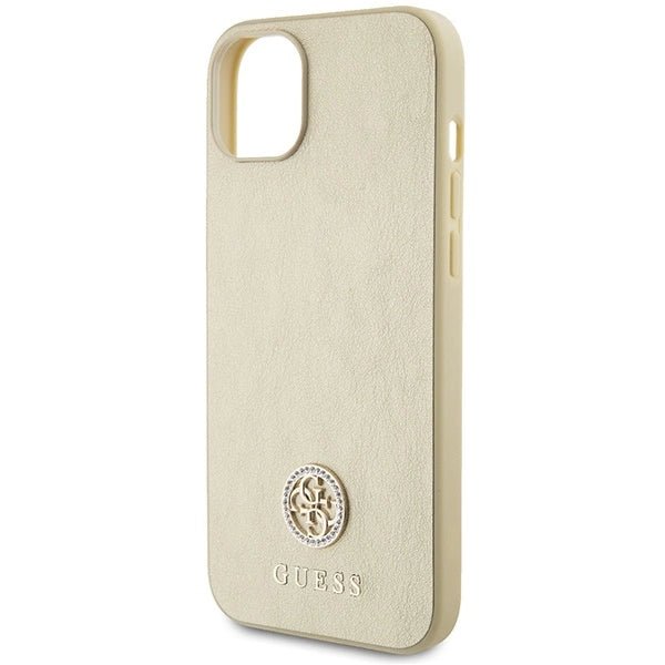 Guess iPhone 15 Plus 4G Strass Metal Logo Θήκη με Επένδυση Συνθετικού Δέρματος - Gold - GUHCP15MPS4DGPD