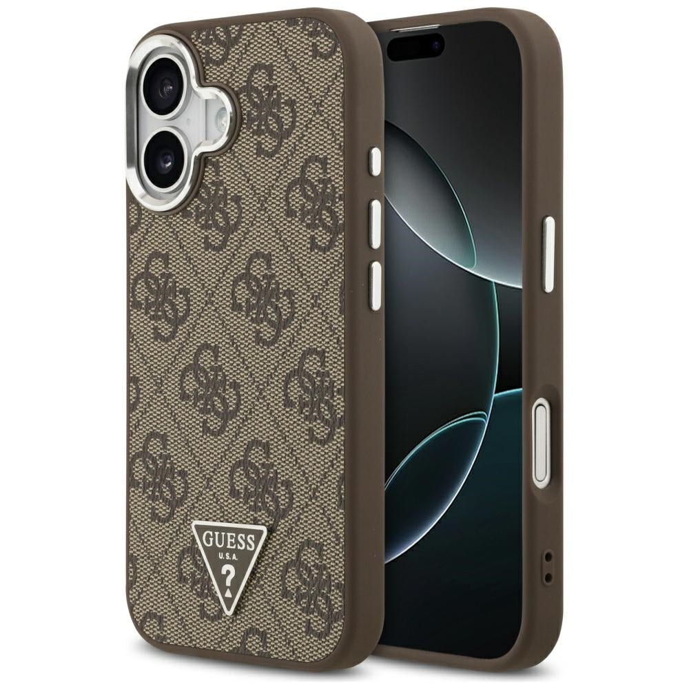 Guess iPhone 17 - 4G Triangle Logo MagSafe - Σκληρή Θήκη με Πλαίσιο Σιλικόνης και Επένδυση Συνθετικού Δέρματος - Brown / Silver - GUHMP17SP4TSRCMW