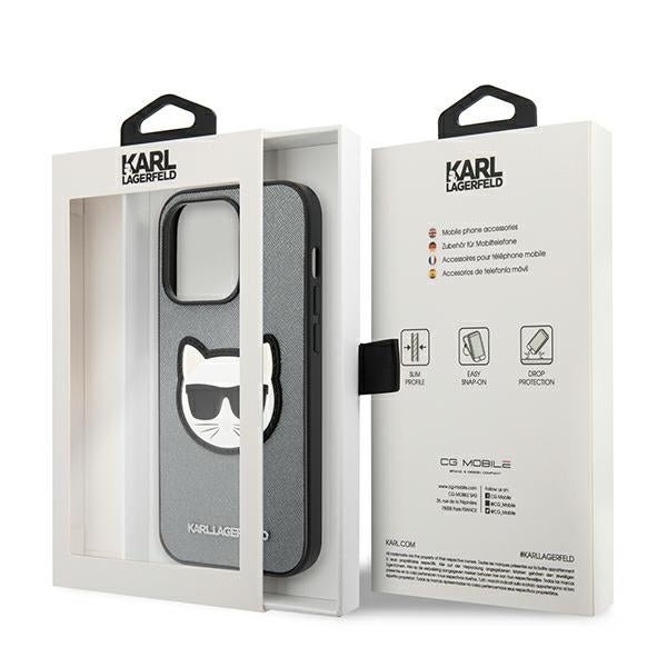 Karl Lagerfeld iPhone 14 Pro Max - Saffiano Choupette Head Patch Σκληρή Θήκη με Επένδυση Συνθετικού Δέρματος και Πλαίσιο Σιλικόνης - Grey - KLHCP14XSAPCHG