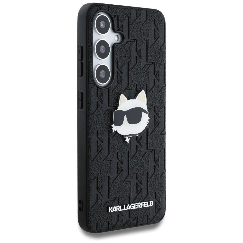 Karl Lagerfeld Samsung Galaxy S25 Plus - Monogram Choupette Head Pin - Σκληρή Θήκη με Επένδυση Συνθετικού Δέρματος - Black - KLHCS25MPGKLCHPK
