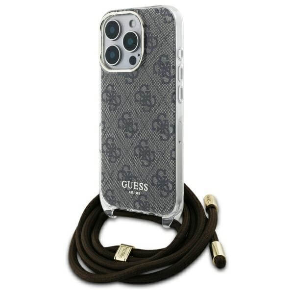Guess iPhone 16 Pro - Crossbody Cord 4G Print - Σκληρή Θήκη με Πλαίσιο Σιλικόνης και Λουράκι - Brown - GUHCP16LHC4SEW