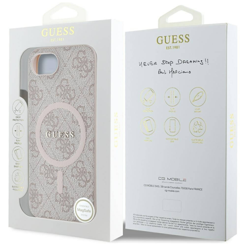 Guess iPhone 16e - 4G Ring Classic Logo - MagSafe Θήκη με Επένδυση Συνθετικού Δέρματος - Pink - GUHMPSE4G4GFRP
