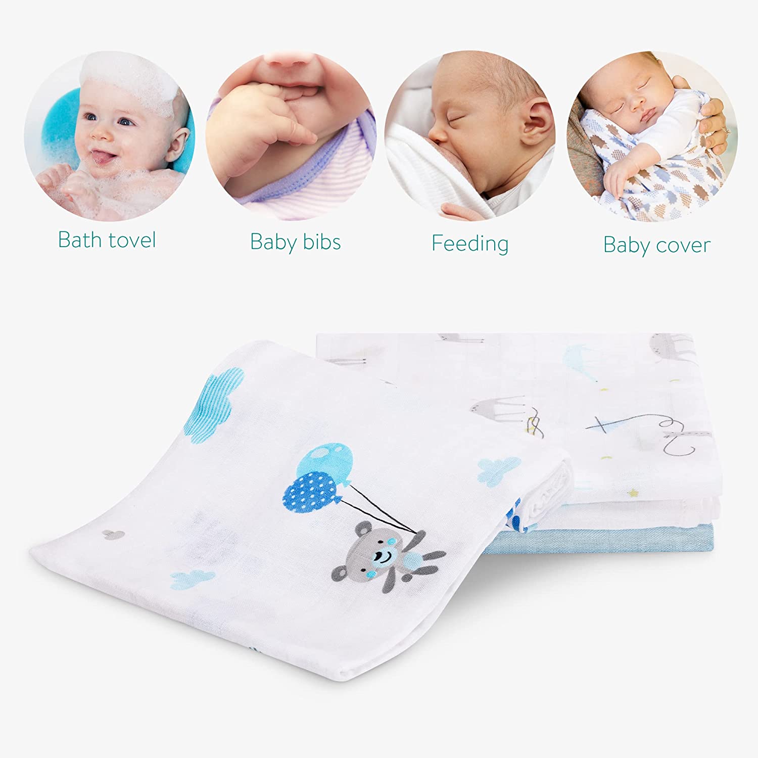 Navaris Σετ με 4 Πάνες Αγκαλιάς από Μουσελίνα για Μωρά - 80 x 80 cm - Design Animals - White / Blue - 51484.02