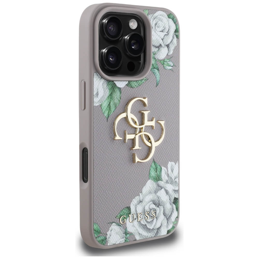 Guess iPhone 16 Pro - Grained Roses Big 4G Logo - Σκληρή Θήκη με Επένδυση από Οικολογικό Δέρμα - Purple - GUHCP16LPGROP4MU