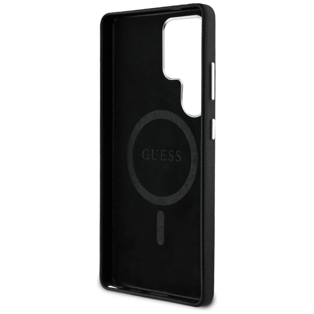 Guess Samsung Galaxy S25 Ultra - Grained Triangle Logo - MagSafe Σκληρή Θήκη με Πλαίσιο Σιλικόνης και Συνθετικό Δέρμα - Black - GUHMS25LPGTSPSK