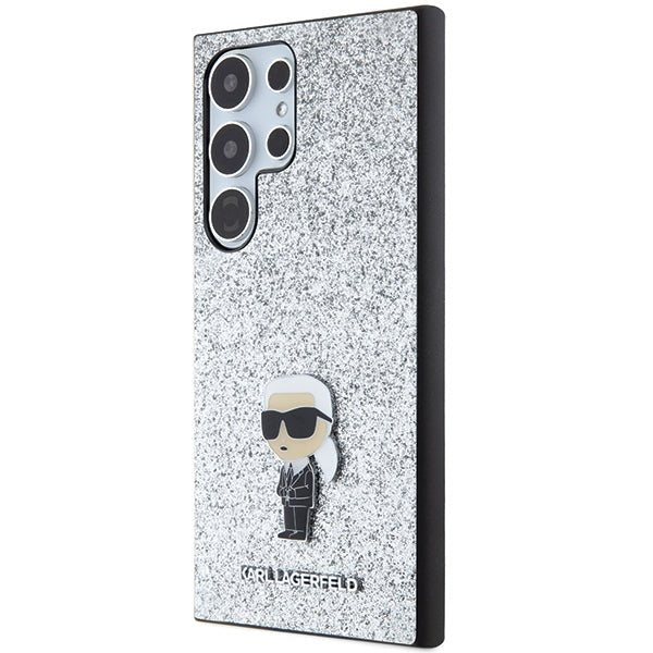 Karl Lagerfeld Samsung Galaxy S24 Ultra - Fixed Glitter Ikonik Logo Metal Pin - Σκληρή Θήκη με Πλαίσιο Σιλικόνης - Silver - KLHCS24LGCNPSG