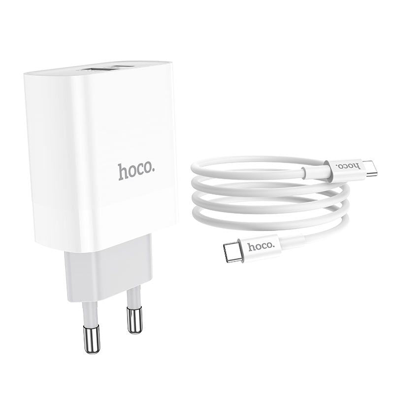 Hoco C80A QC 3.0 PD 20W Οικιακός Φορτιστής Γρήγορης Φόρτισης USB και Type - C με Καλώδιο Type - C to Type - C - White