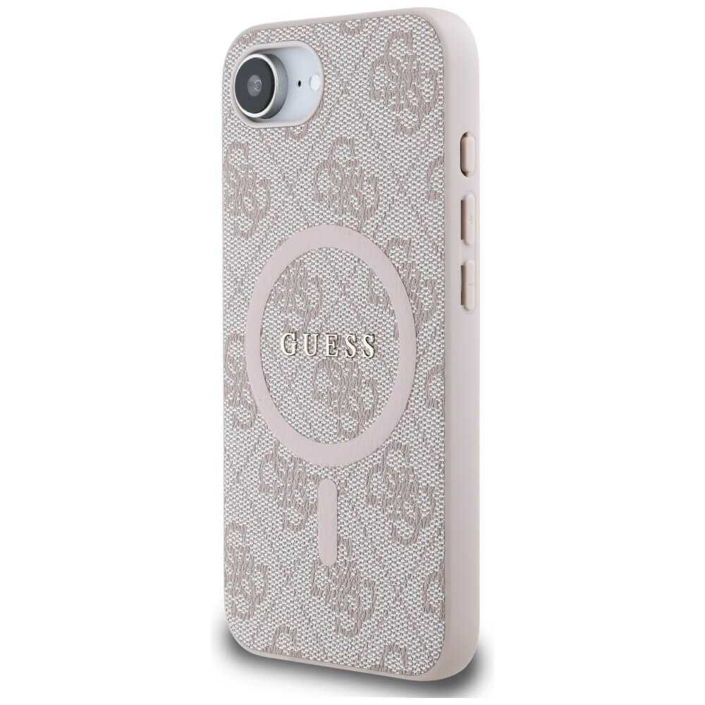Guess iPhone 16e - 4G Ring Classic Logo - MagSafe Θήκη με Επένδυση Συνθετικού Δέρματος - Pink - GUHMPSE4G4GFRP