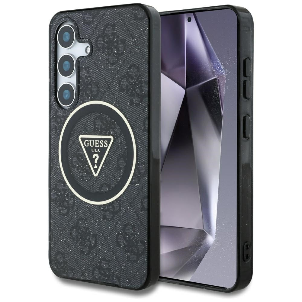 Guess Samsung Galaxy S25 - 4G Glitter Triangle Buttons - MagSafe Σκληρή Θήκη με Πλαίσιο Σιλικόνης - Black - GUHMS25SHG4PRTGK