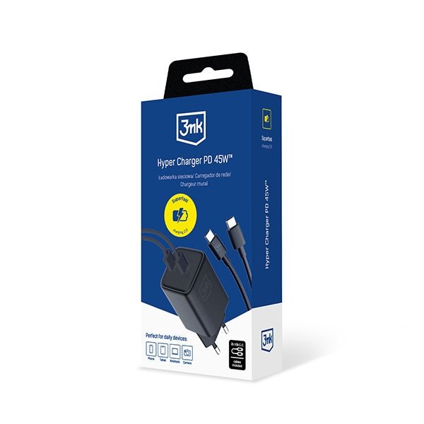 3MK Hyper 45W PD Οικιακός Φορτιστής Γρήγορης Φόρτισης με 2 Θύρες Type - C και 2 Καλώδια Type - C to Type - C - Black