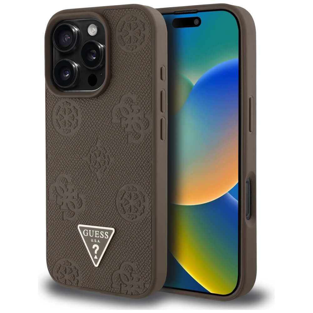 Guess iPhone 16 Pro Max - Grained Hot Stamp Peony Triangle Logo - MagSafe Σκληρή Θήκη με Επένδυση Συνθετικού Δέρματος - Brown - GUHMP16XPGBTMW