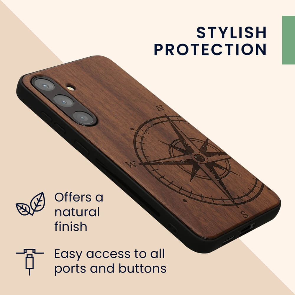 KW Samsung Galaxy S24 Plus Θήκη από Φυσικό Ξύλο - Design Compass Vintage - Dark Brown
