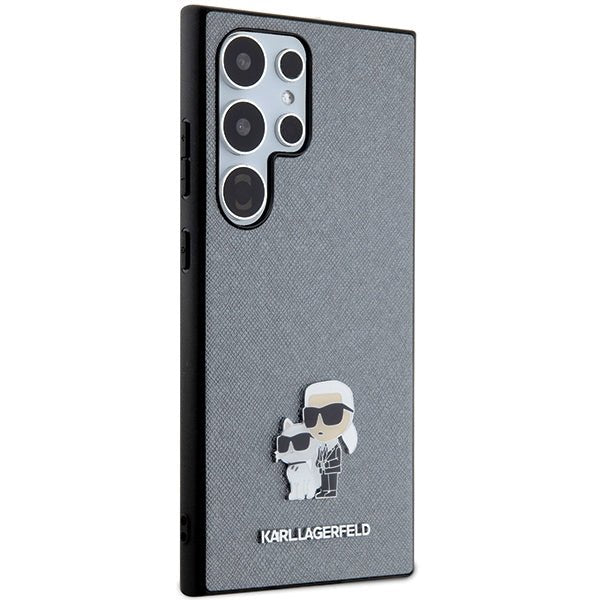 Karl Lagerfeld Samsung Galaxy S24 Ultra - Saffiano Karl and Choupette Metal Pin Σκληρή Θήκη με Επένδυση Συνθετικού Δέρματος και Πλαίσιο Σιλικόνης - Grey - KLHCS24LPSAKCMPG