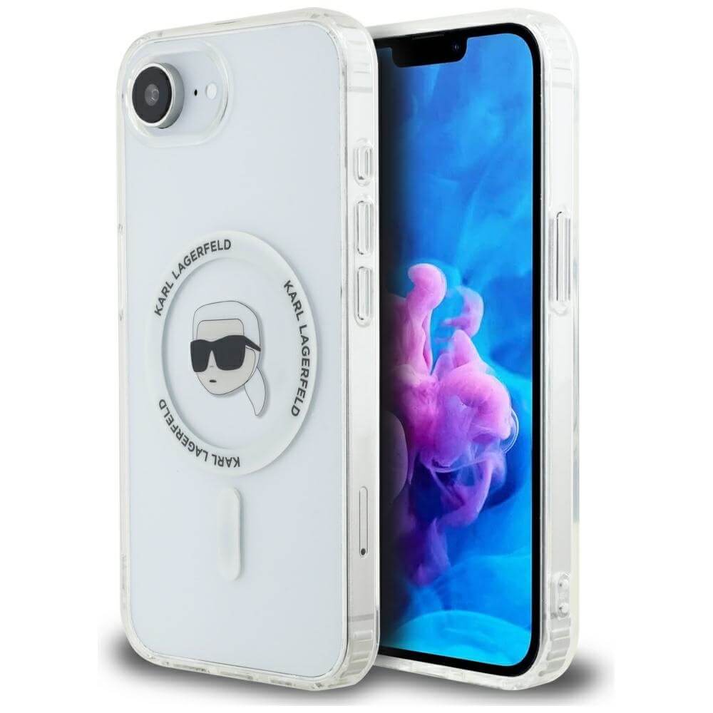 Karl Lagerfeld iPhone 16e - IML Metal Karl Head - MagSafe Σκληρή Θήκη με Πλαίσιο Σιλικόνης - White - KLHMPSE4HLSKIH