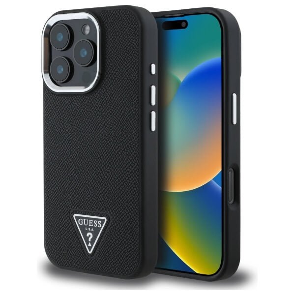 Guess iPhone 16 Pro Max - Grained Triangle MagSafe - Σκληρή Θήκη με Επένδυση Συνθετικού Δέρματος και Πλαίσιο Σιλικόνης - Black - GUHMP16XPGTSPSK